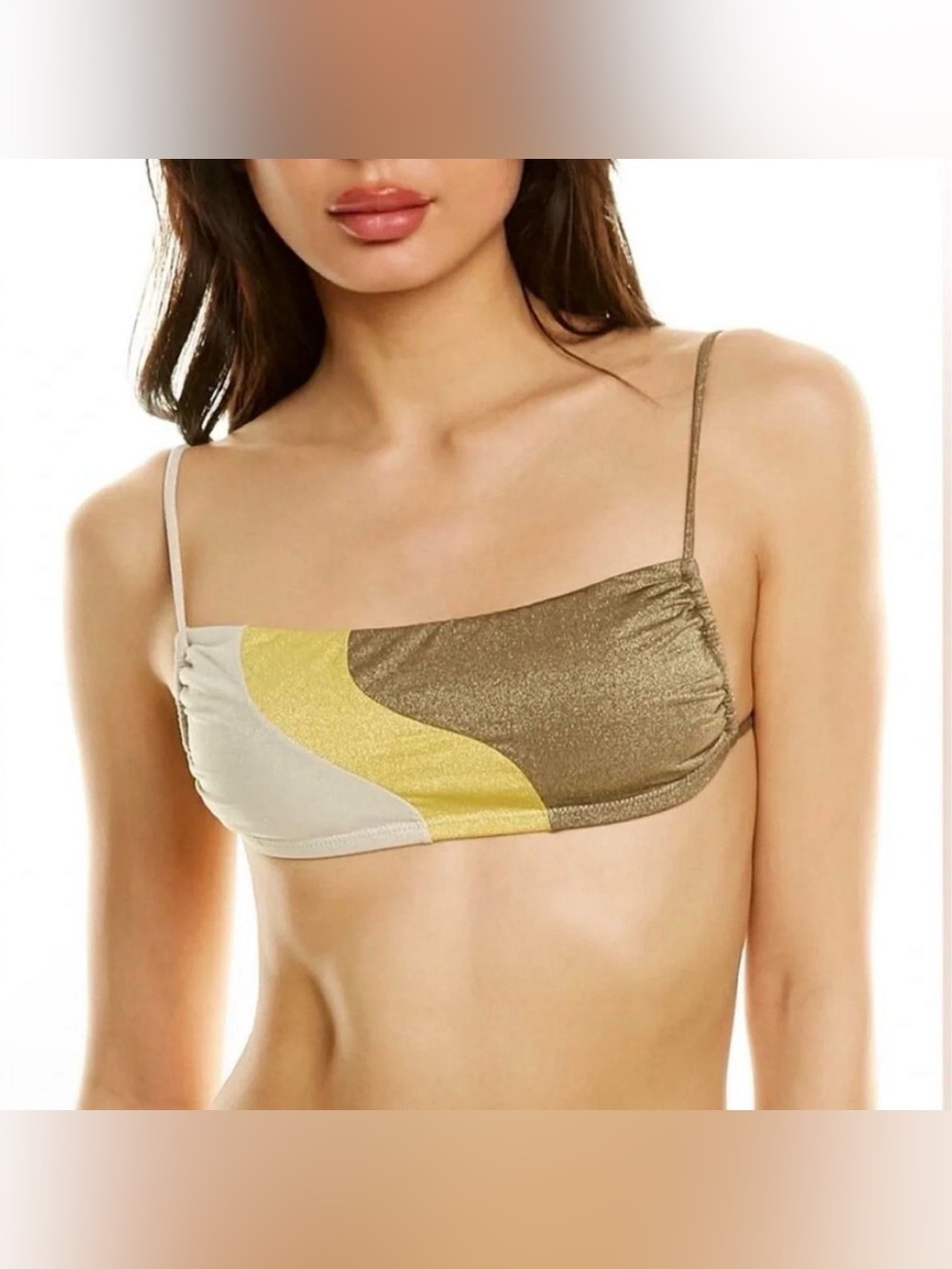 PILYQ Haven Lunar Wave Brown/Gold Shimmer Colorblock Strappy Bikini Top Sz L